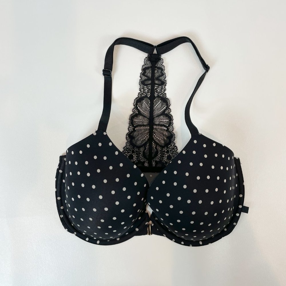 NWOT Victoria's Secret Bra 32DDD Racerback Demi Black Polka Dot Front Closure